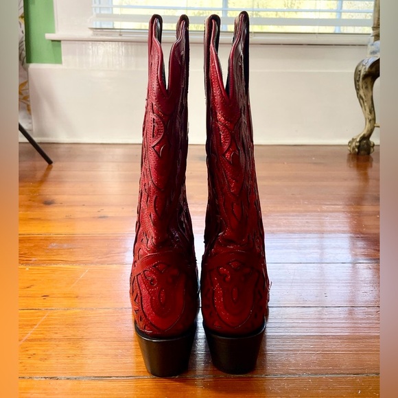 NEW JB DILLON RESERVE Darling Red Glitter Inlay Leather Snip Toe Boot GIFTABLE-8 - Picture 4 of 15
